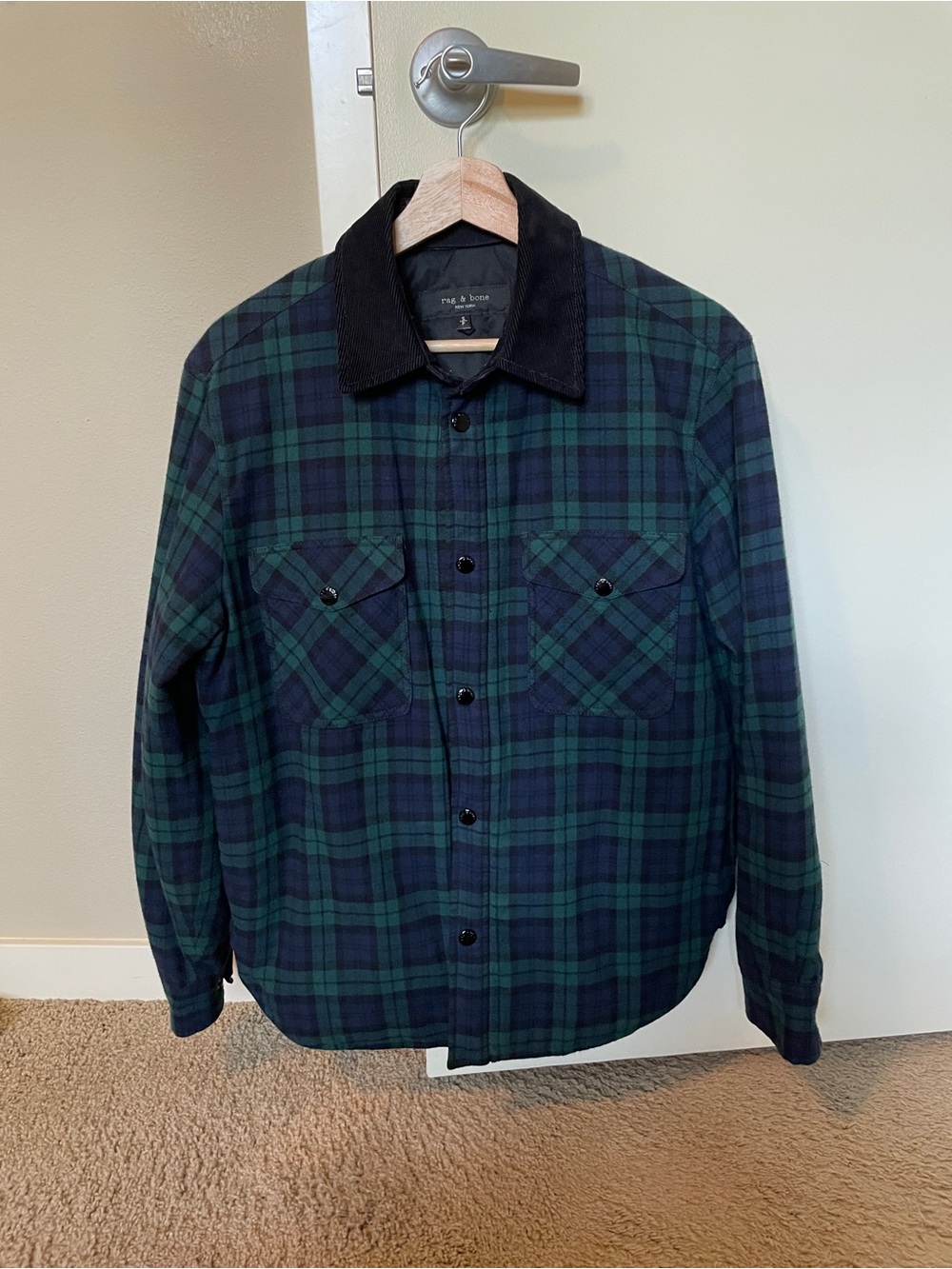 rag & bone Green and Navy Plaid Shirt Jacket with Black Corduroy Collar